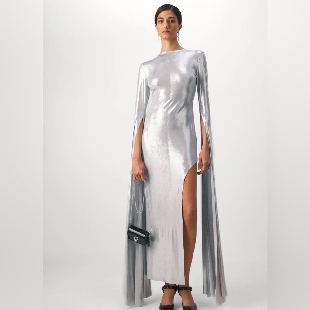 Norma Kamali Open Back Ribbon Sleeve Wide Slit Gown Size Medium